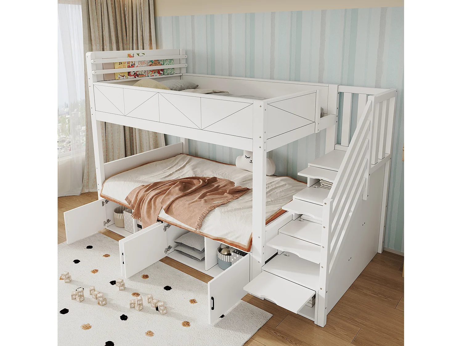 Bunk bed 2 x 90 x 200 cm with 8 doors and raised safety rail – Pine, plywood, MDF – White (Mattress not included)