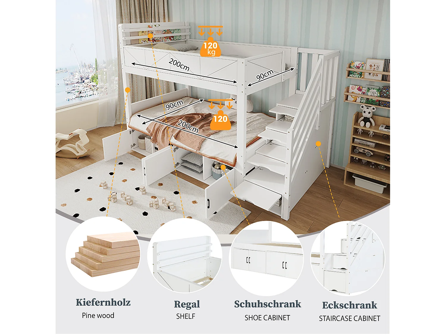 Bunk bed 2 x 90 x 200 cm with 8 doors and raised safety rail – Pine, plywood, MDF – White (Mattress not included)