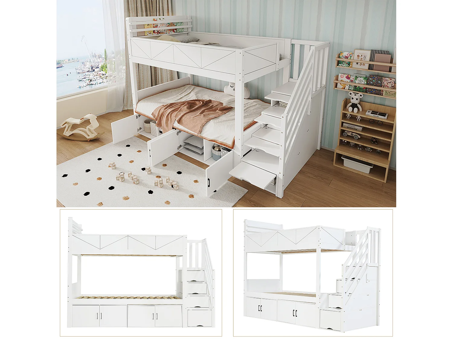 Bunk bed 2 x 90 x 200 cm with 8 doors and raised safety rail – Pine, plywood, MDF – White (Mattress not included)