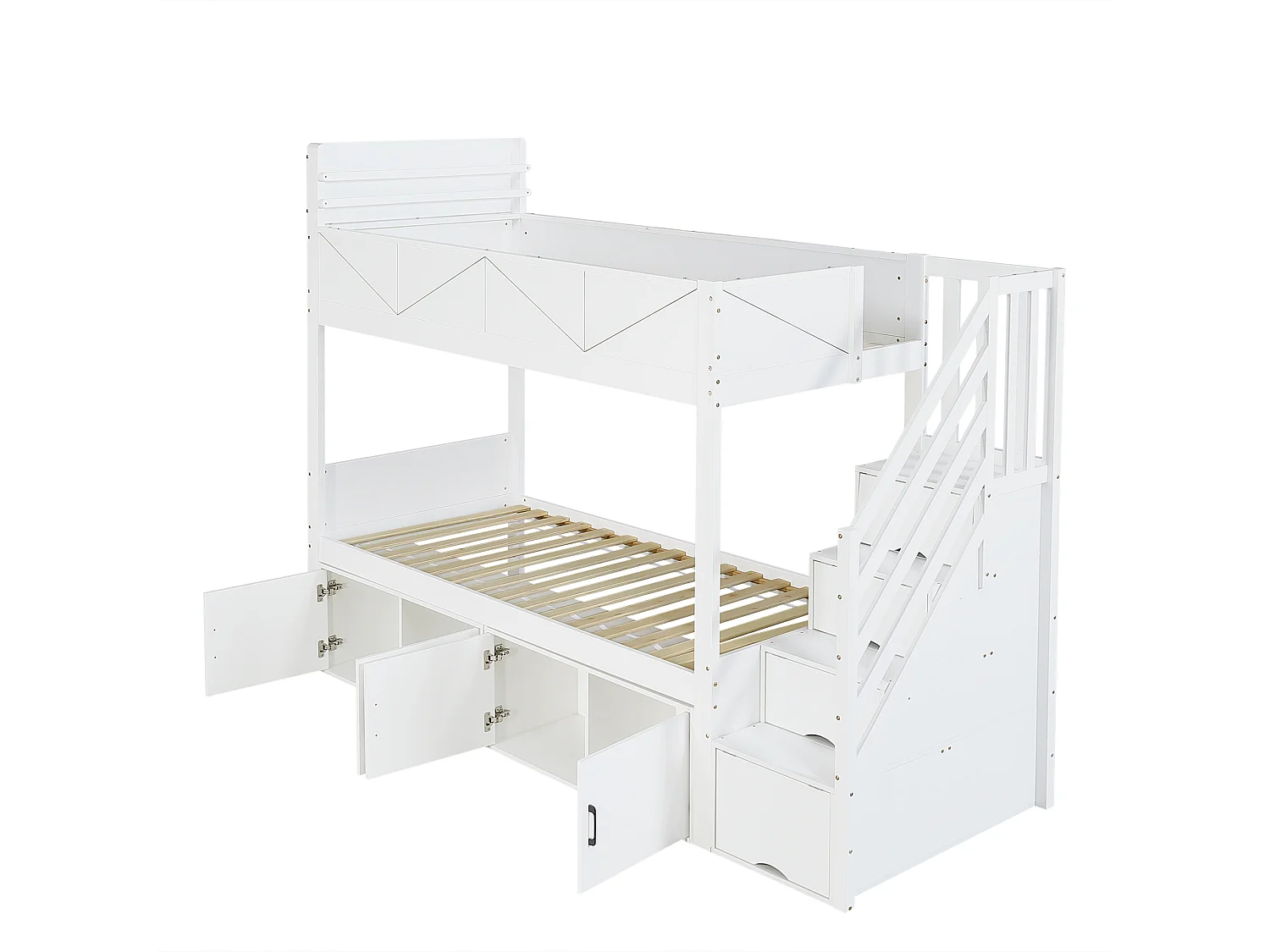 Bunk bed 2 x 90 x 200 cm with 8 doors and raised safety rail – Pine, plywood, MDF – White (Mattress not included)