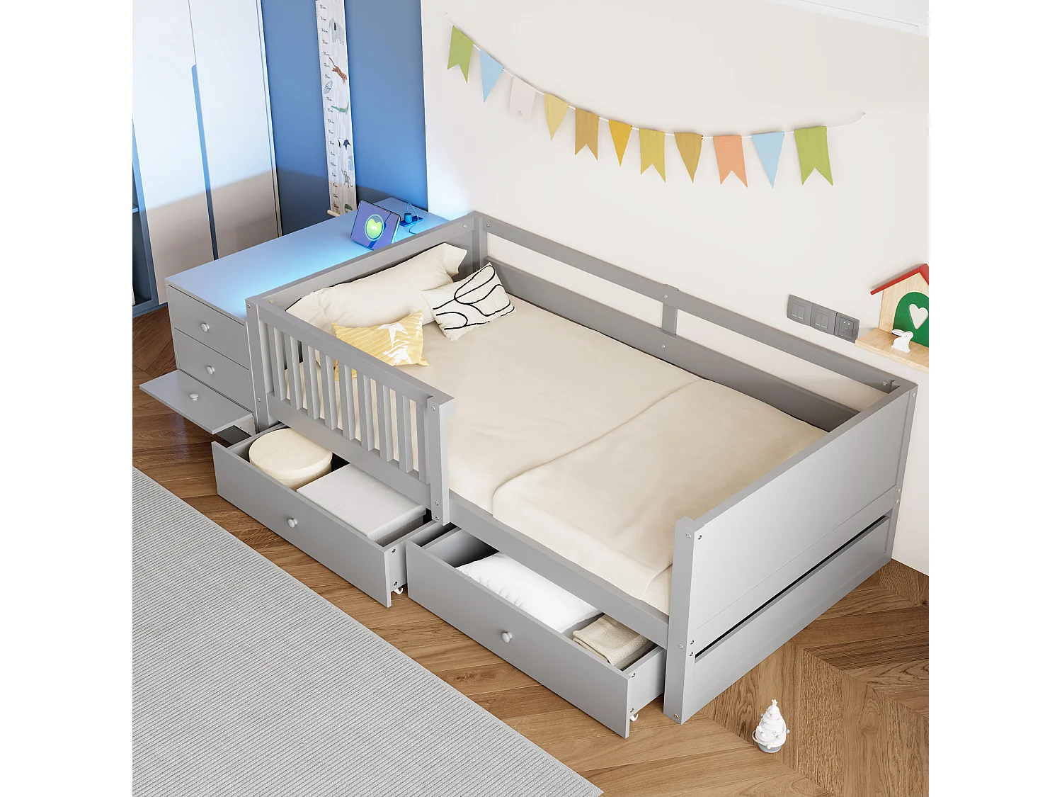 Kinderbed 90 x 200 cm met bureau, 4 lades, planken, stopcontact, ledverlichting en zijrail - Metaal + MDF - Grijs (Matras niet inbegrepen)