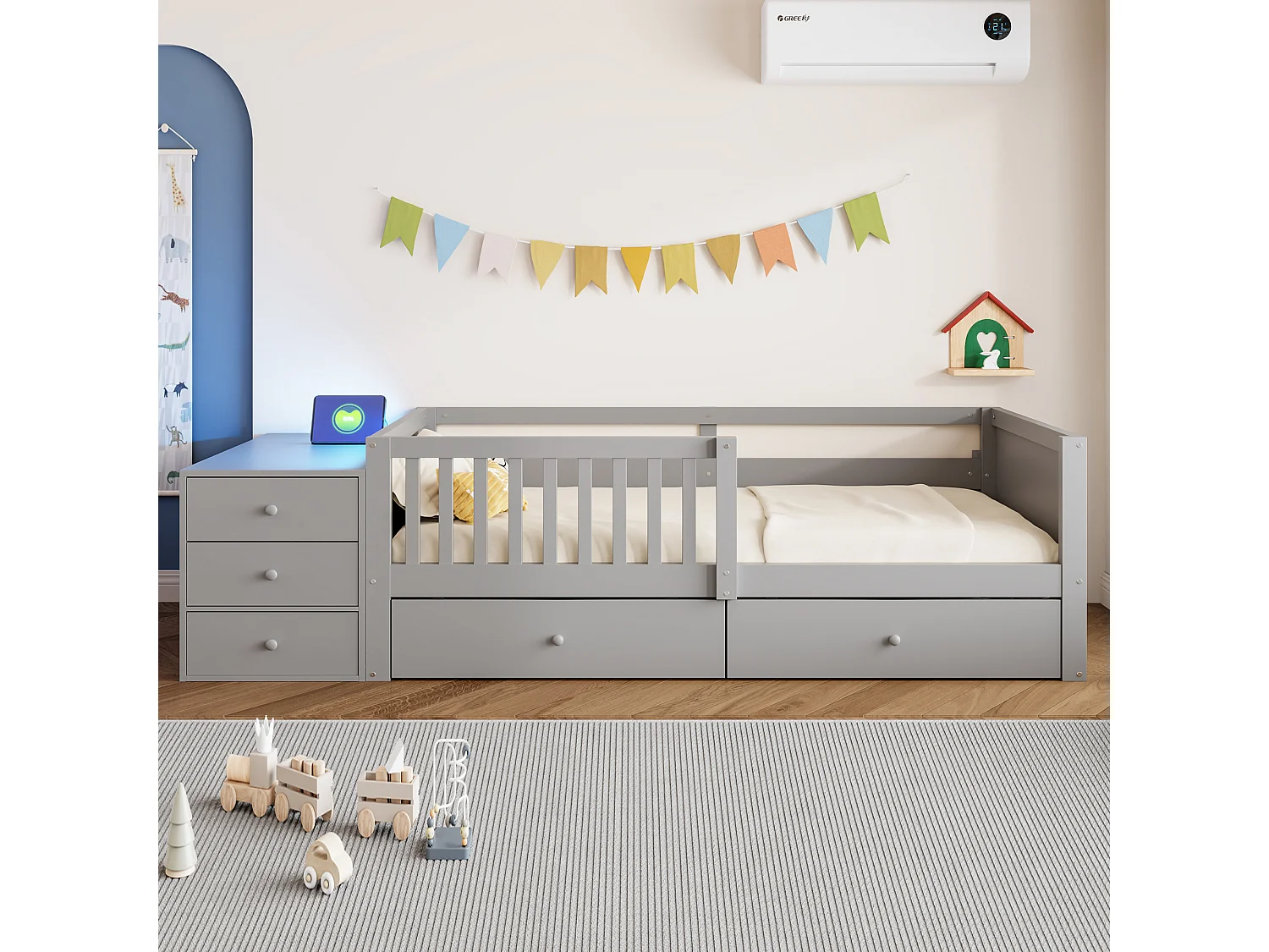 Kinderbed 90 x 200 cm met bureau, 4 lades, planken, stopcontact, ledverlichting en zijrail - Metaal + MDF - Grijs (Matras niet inbegrepen)