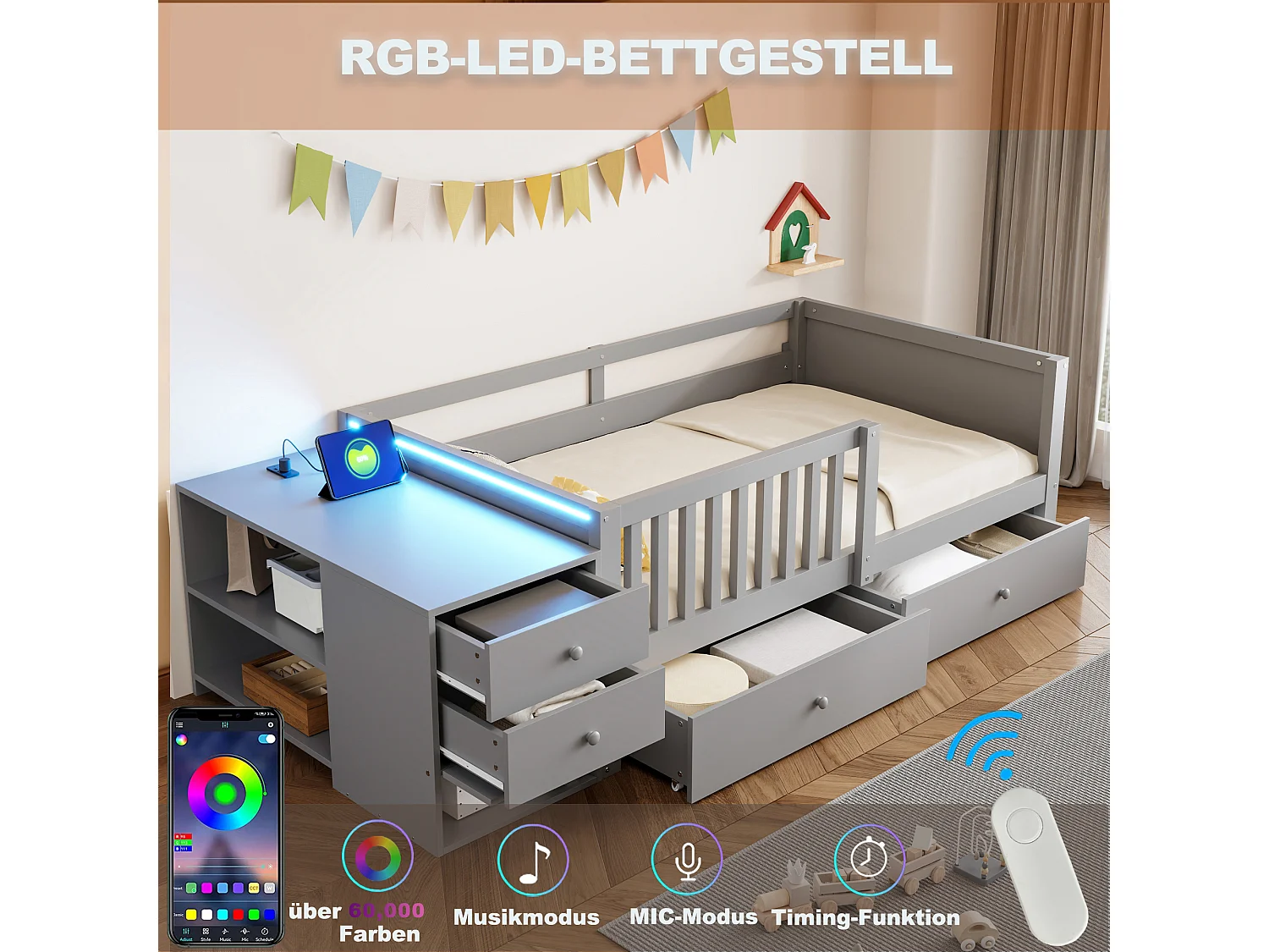 Kinderbed 90 x 200 cm met bureau, 4 lades, planken, stopcontact, ledverlichting en zijrail - Metaal + MDF - Grijs (Matras niet inbegrepen)