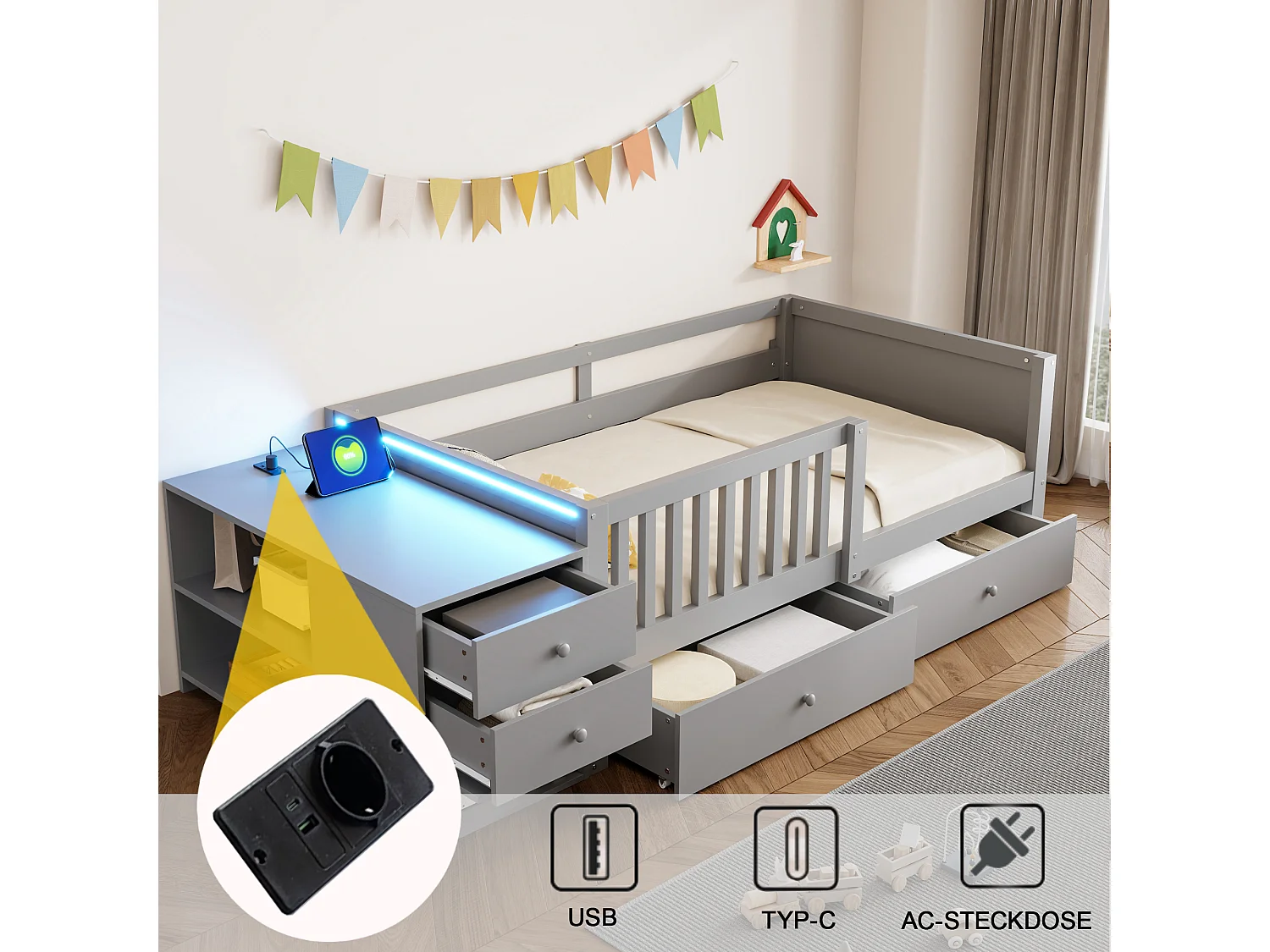 Kinderbed 90 x 200 cm met bureau, 4 lades, planken, stopcontact, ledverlichting en zijrail - Metaal + MDF - Grijs (Matras niet inbegrepen)