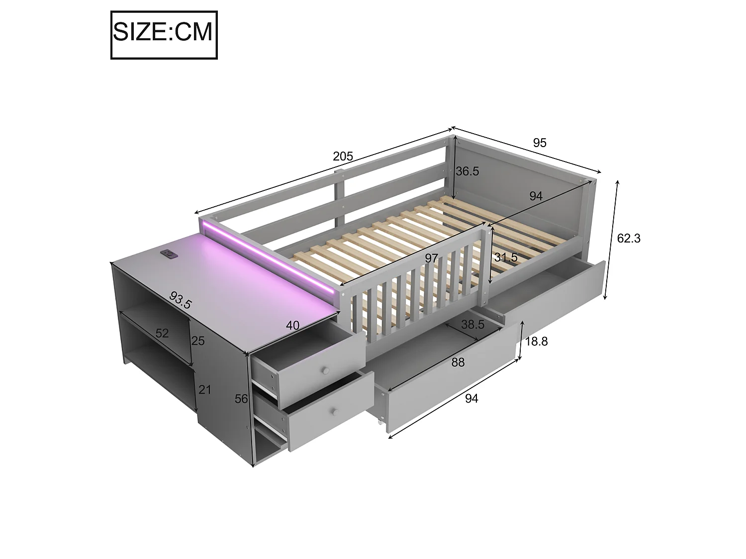 Kinderbed 90 x 200 cm met bureau, 4 lades, planken, stopcontact, ledverlichting en zijrail - Metaal + MDF - Grijs (Matras niet inbegrepen)