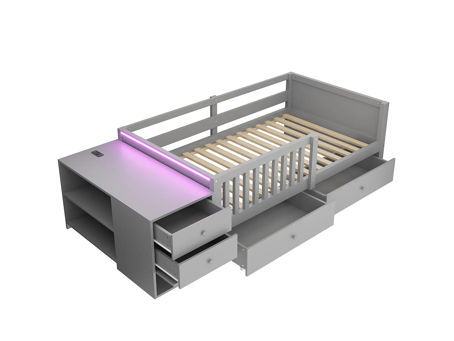 Kinderbed 90 x 200 cm met bureau, 4 lades, planken, stopcontact, ledverlichting en zijrail - Metaal + MDF - Grijs (Matras niet inbegrepen)