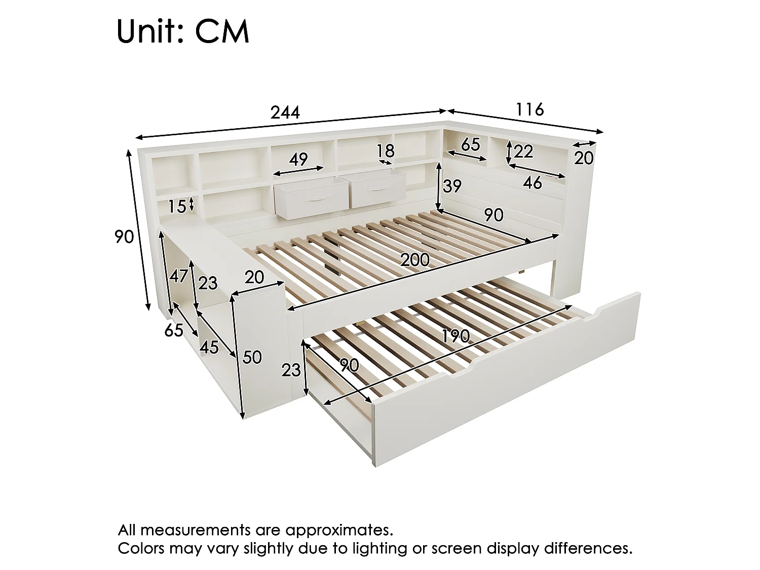 Uitschuifbaar bed 90 x 200 cm + 90 x 190 cm met opbergruimte aan 3 zijden, 3 USB-poorten en USB-C - Grenenhout + Spaanplaat - Wit (Matras niet inbegrepen)