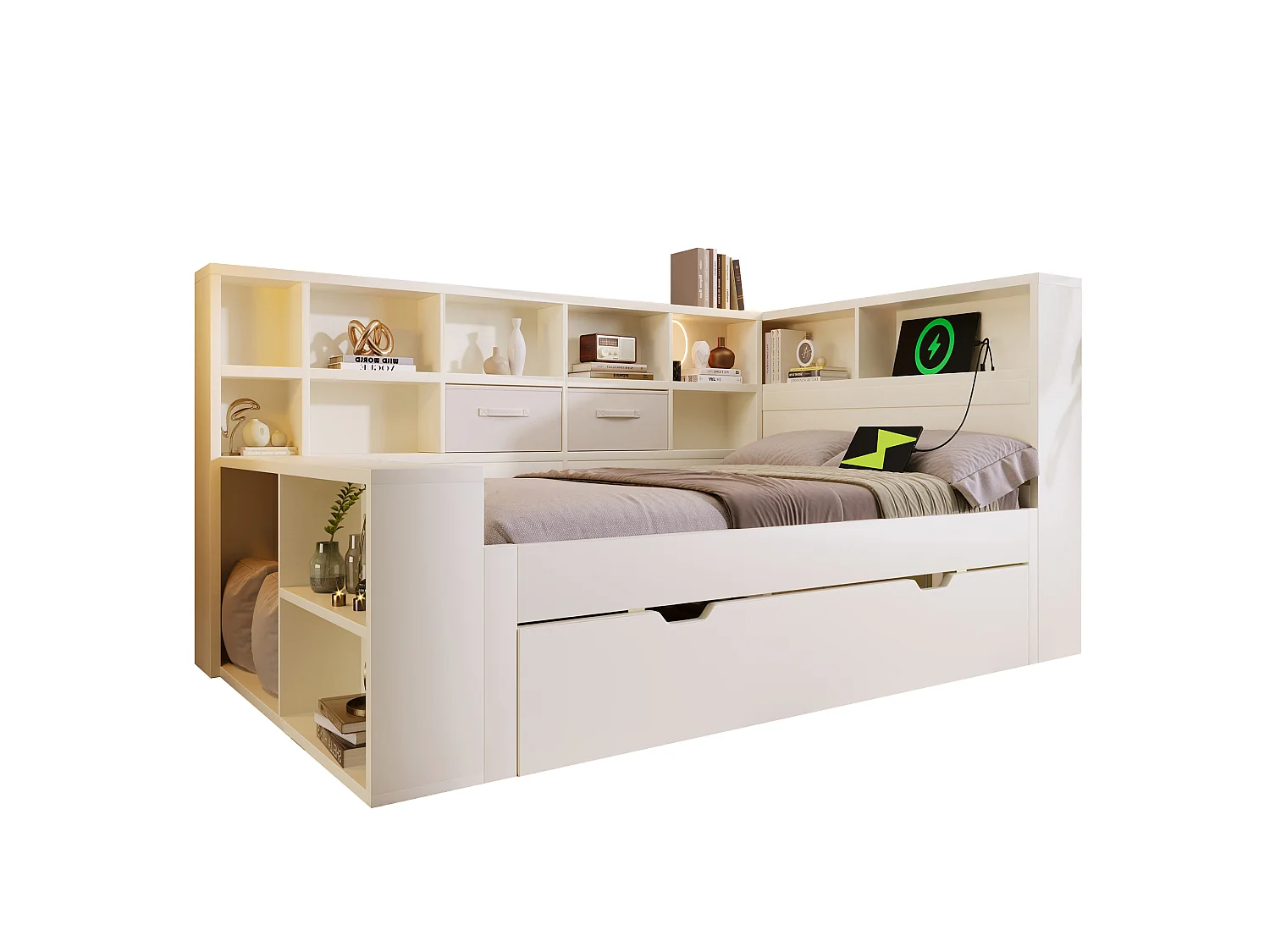 Uitschuifbaar bed 90 x 200 cm + 90 x 190 cm met opbergruimte aan 3 zijden, 3 USB-poorten en USB-C - Grenenhout + Spaanplaat - Wit (Matras niet inbegrepen)