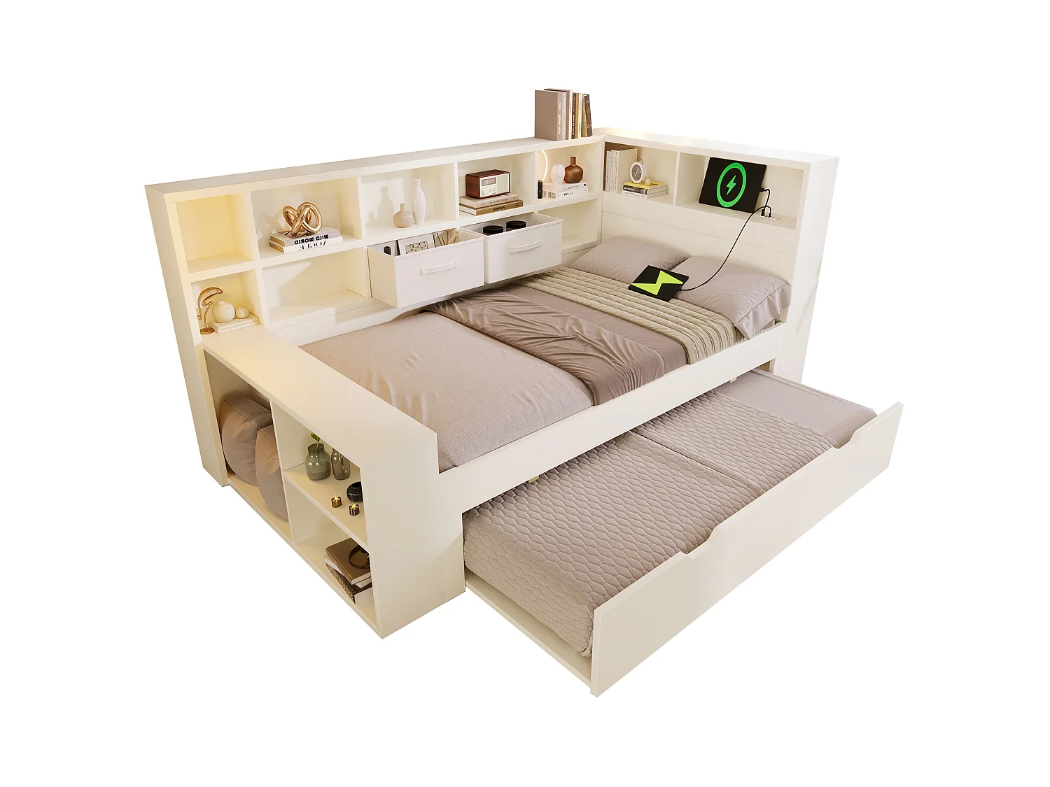 Uitschuifbaar bed 90 x 200 cm + 90 x 190 cm met opbergruimte aan 3 zijden, 3 USB-poorten en USB-C - Grenenhout + Spaanplaat - Wit (Matras niet inbegrepen)