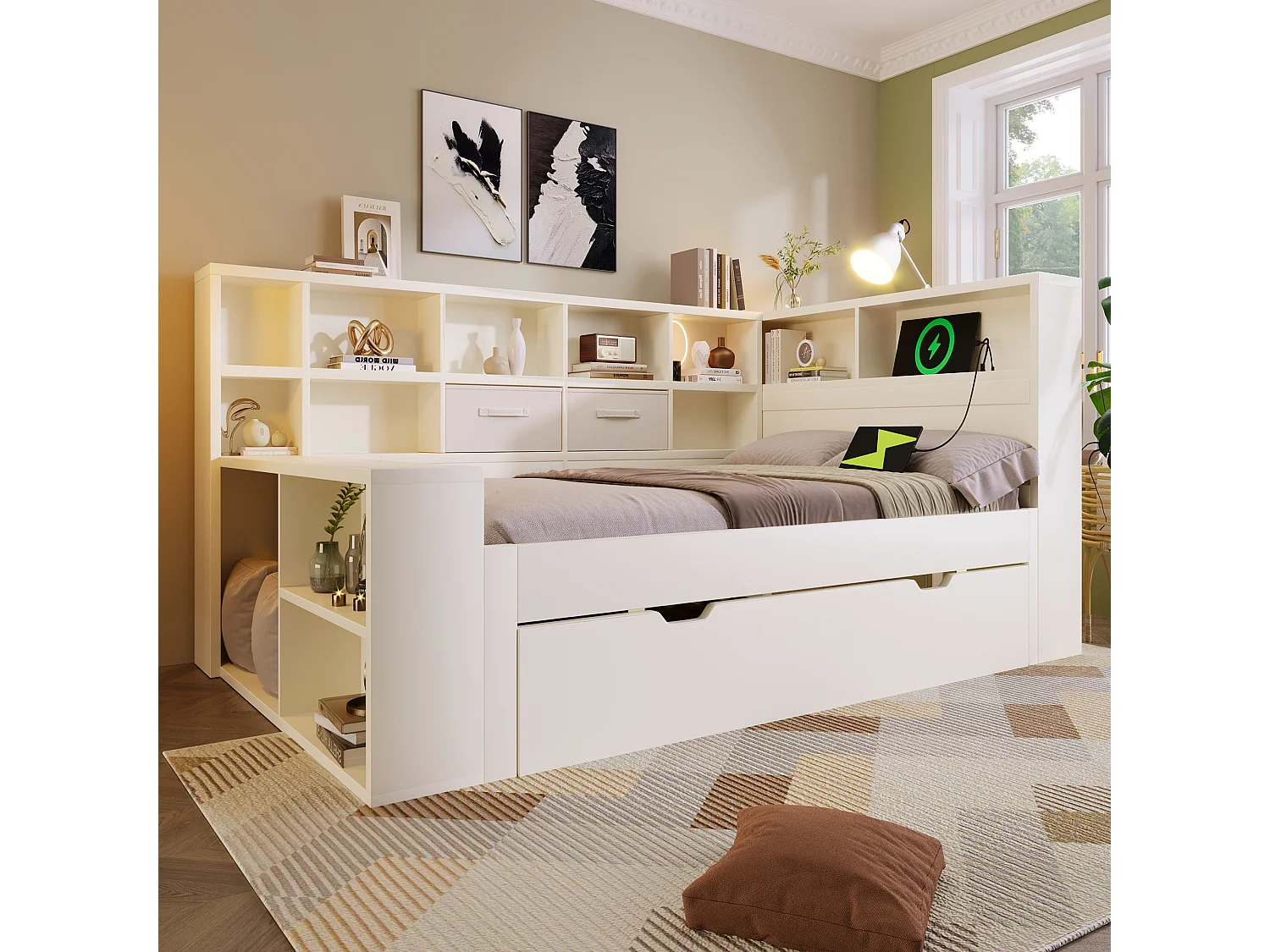 Uitschuifbaar bed 90 x 200 cm + 90 x 190 cm met opbergruimte aan 3 zijden, 3 USB-poorten en USB-C - Grenenhout + Spaanplaat - Wit (Matras niet inbegrepen)