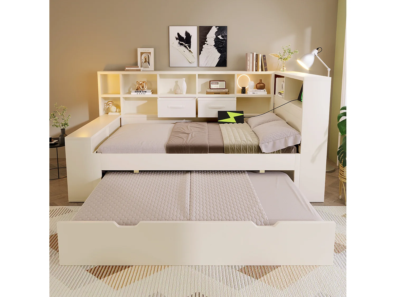 Uitschuifbaar bed 90 x 200 cm + 90 x 190 cm met opbergruimte aan 3 zijden, 3 USB-poorten en USB-C - Grenenhout + Spaanplaat - Wit (Matras niet inbegrepen)