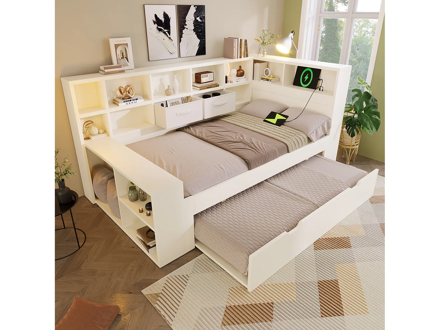 Uitschuifbaar bed 90 x 200 cm + 90 x 190 cm met opbergruimte aan 3 zijden, 3 USB-poorten en USB-C - Grenenhout + Spaanplaat - Wit (Matras niet inbegrepen)