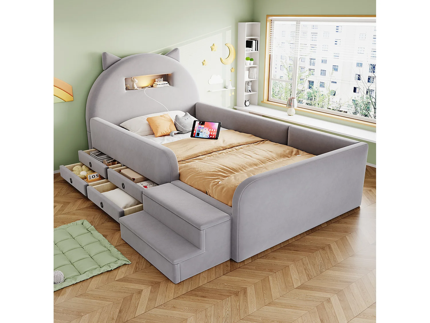 Upholstered bed 90 x 200 cm with headboard, 4 drawers, 2 steps, nightlight and USB port - Velvet + MDF - Light grey (Mattress not included)