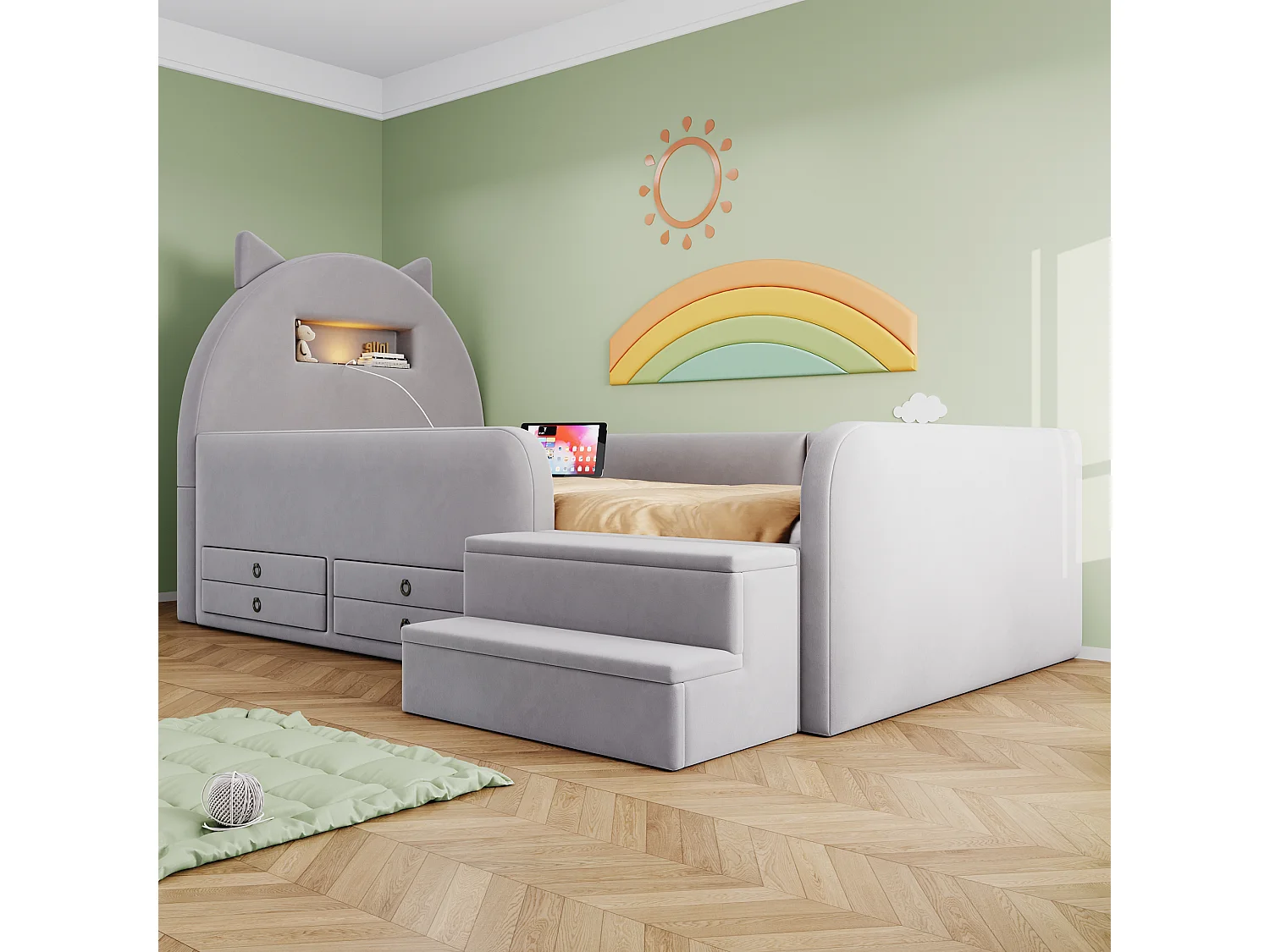 Upholstered bed 90 x 200 cm with headboard, 4 drawers, 2 steps, nightlight and USB port - Velvet + MDF - Light grey (Mattress not included)