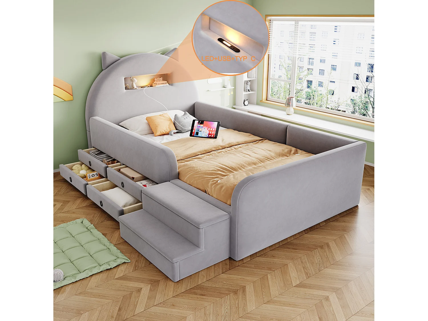 Upholstered bed 90 x 200 cm with headboard, 4 drawers, 2 steps, nightlight and USB port - Velvet + MDF - Light grey (Mattress not included)