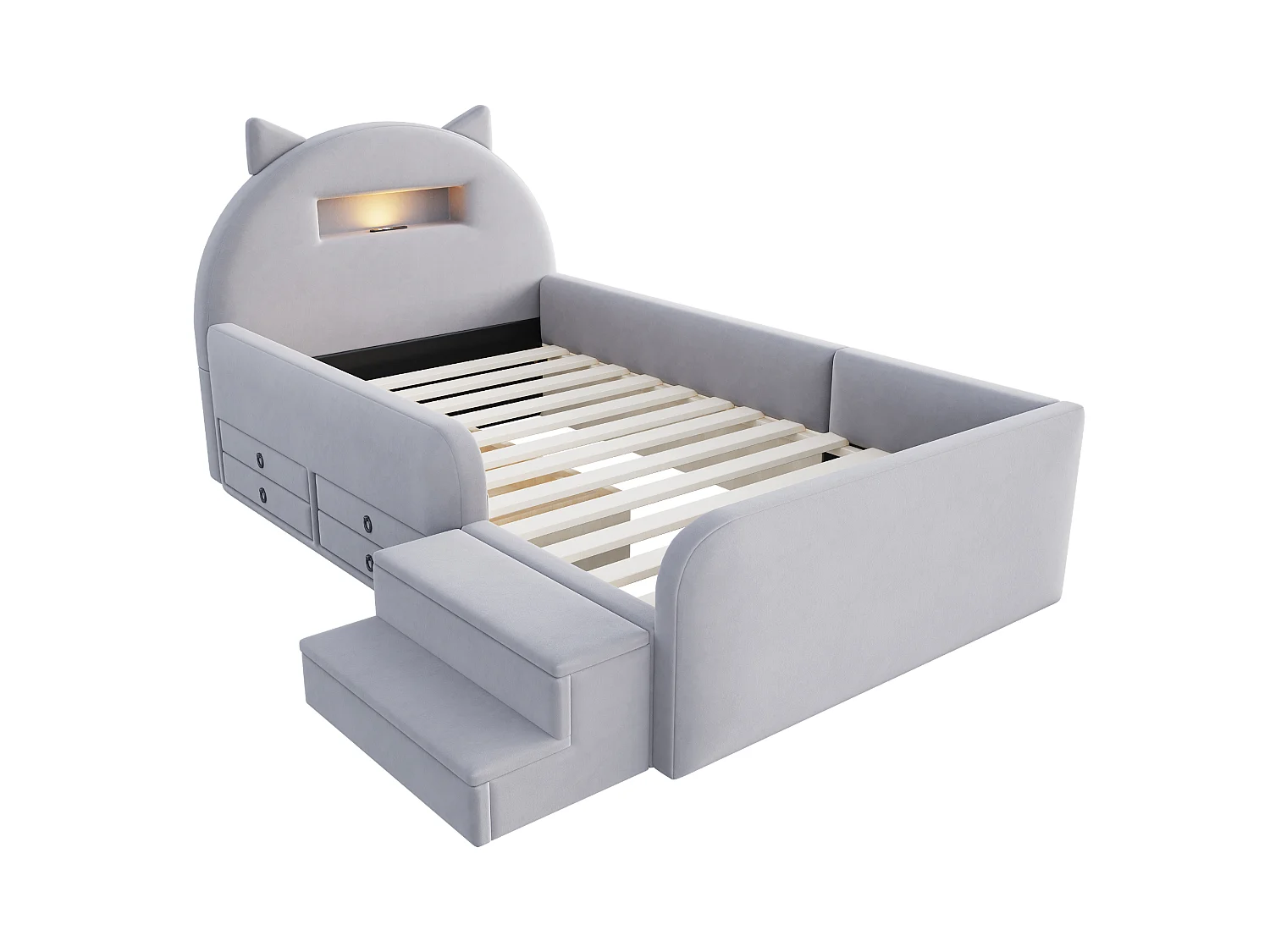 Upholstered bed 90 x 200 cm with headboard, 4 drawers, 2 steps, nightlight and USB port - Velvet + MDF - Light grey (Mattress not included)