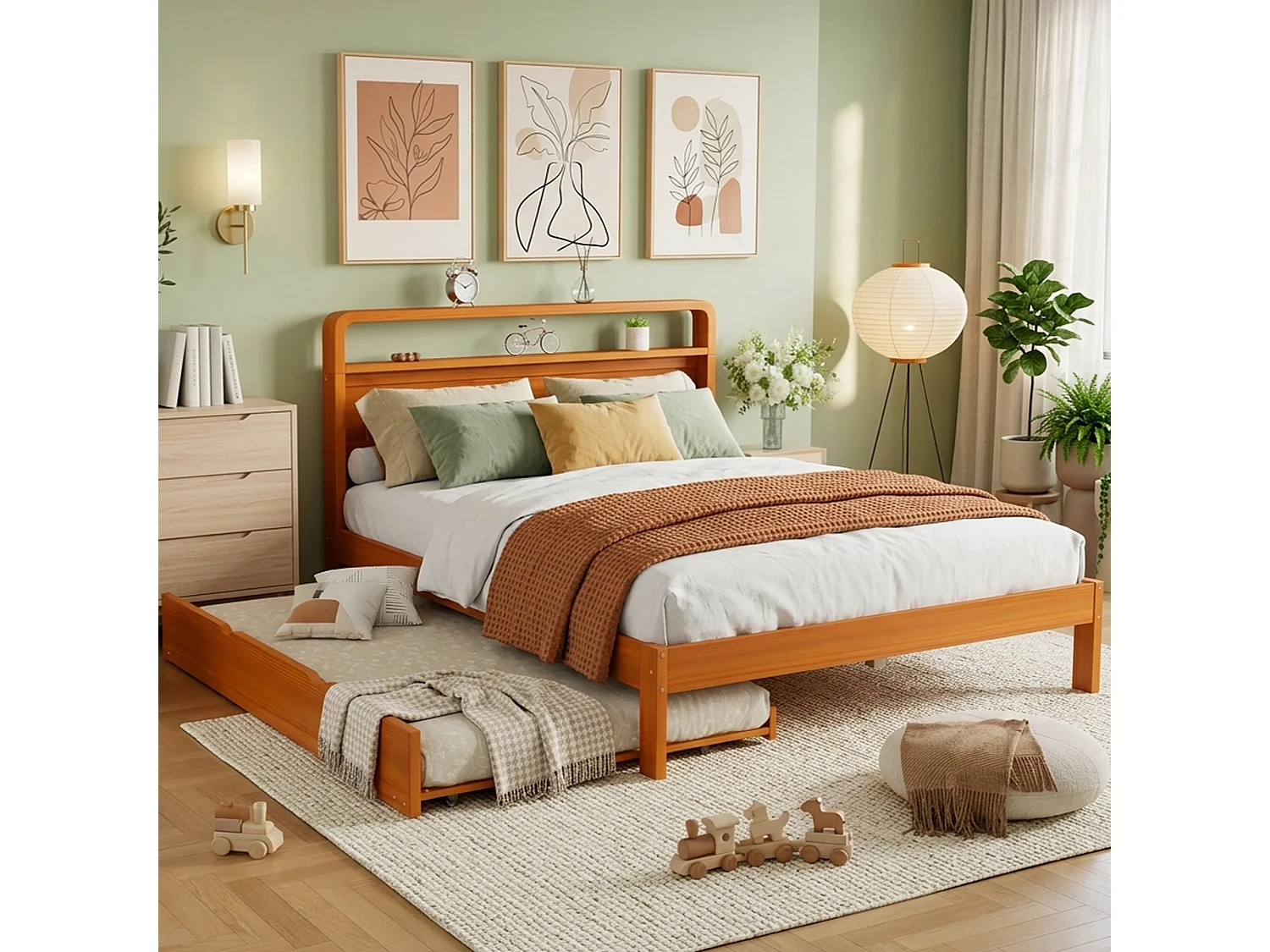 Trundle bed 140 x 200 cm + 90 x 190 cm with rounded headboard and space-saving 2-in-1 design - solid pine wood - Natural (Mattress not included)