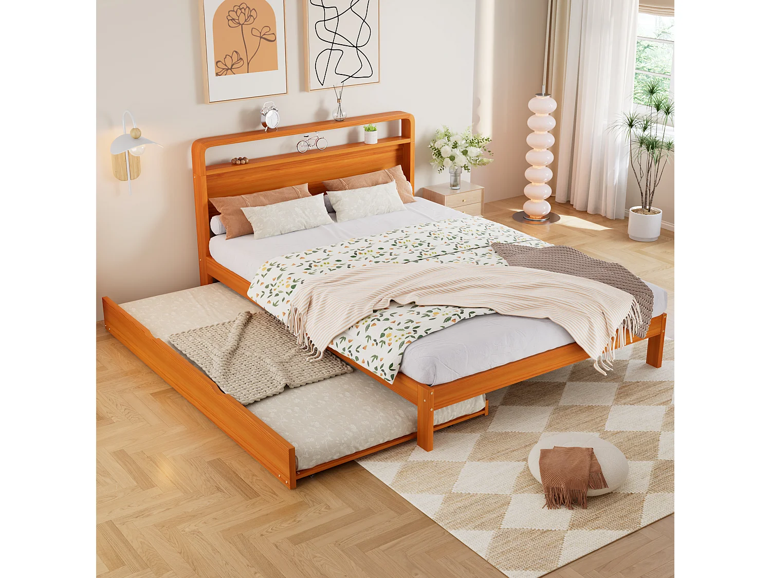 Trundle bed 140 x 200 cm + 90 x 190 cm with rounded headboard and space-saving 2-in-1 design - solid pine wood - Natural (Mattress not included)