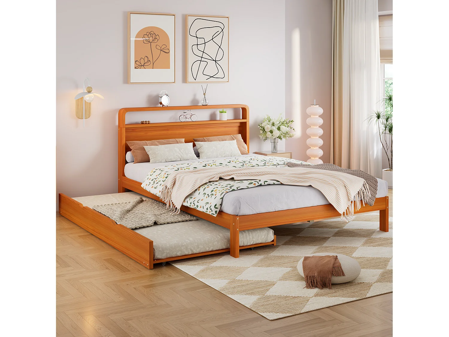 Trundle bed 140 x 200 cm + 90 x 190 cm with rounded headboard and space-saving 2-in-1 design - solid pine wood - Natural (Mattress not included)
