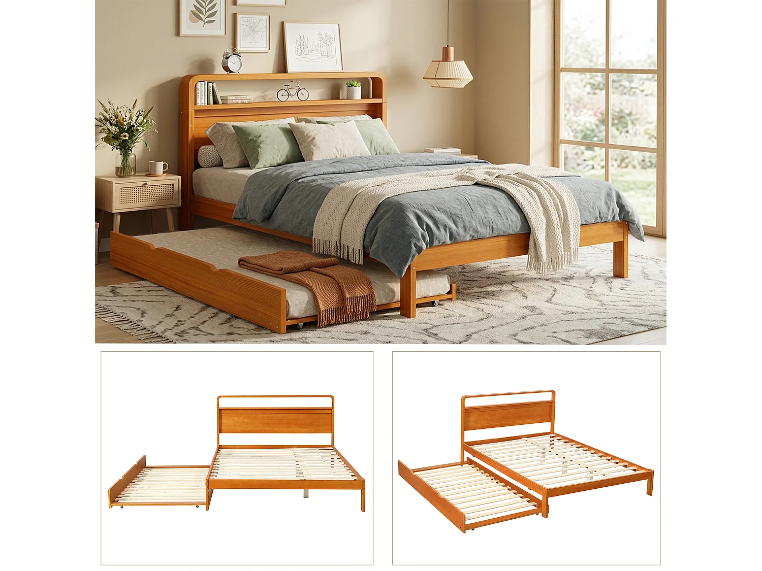Trundle bed 140 x 200 cm + 90 x 190 cm with rounded headboard and space-saving 2-in-1 design - solid pine wood - Natural (Mattress not included)