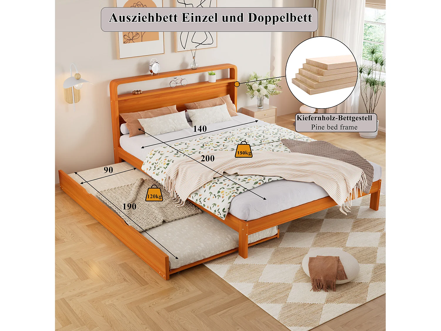 Trundle bed 140 x 200 cm + 90 x 190 cm with rounded headboard and space-saving 2-in-1 design - solid pine wood - Natural (Mattress not included)
