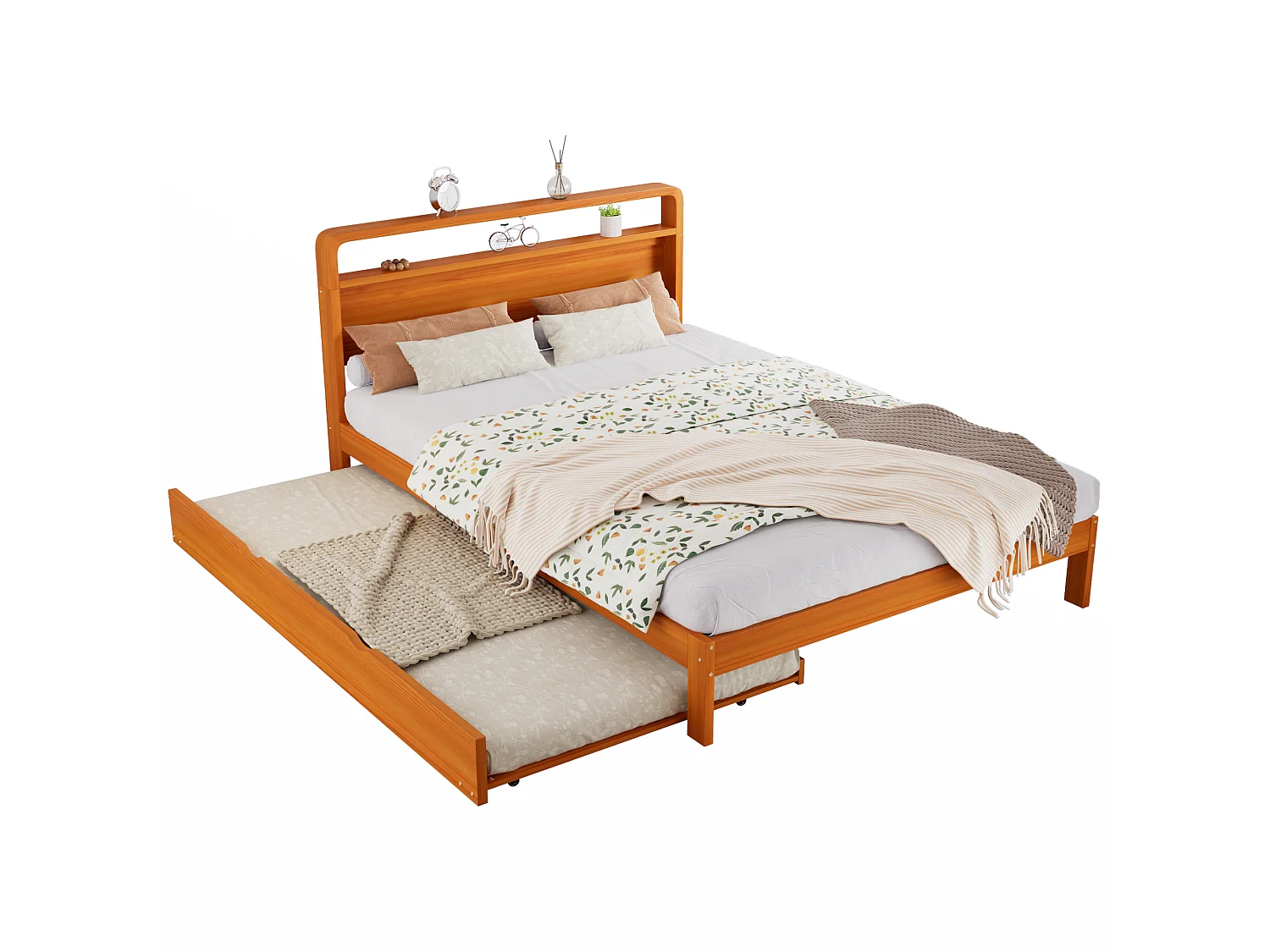 Trundle bed 140 x 200 cm + 90 x 190 cm with rounded headboard and space-saving 2-in-1 design - solid pine wood - Natural (Mattress not included)