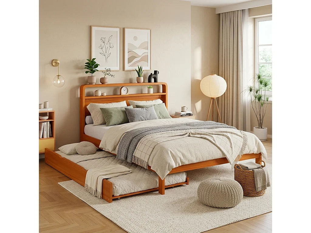 Trundle bed 140 x 200 cm + 90 x 190 cm with rounded headboard and space-saving 2-in-1 design - solid pine wood - Natural (Mattress not included)