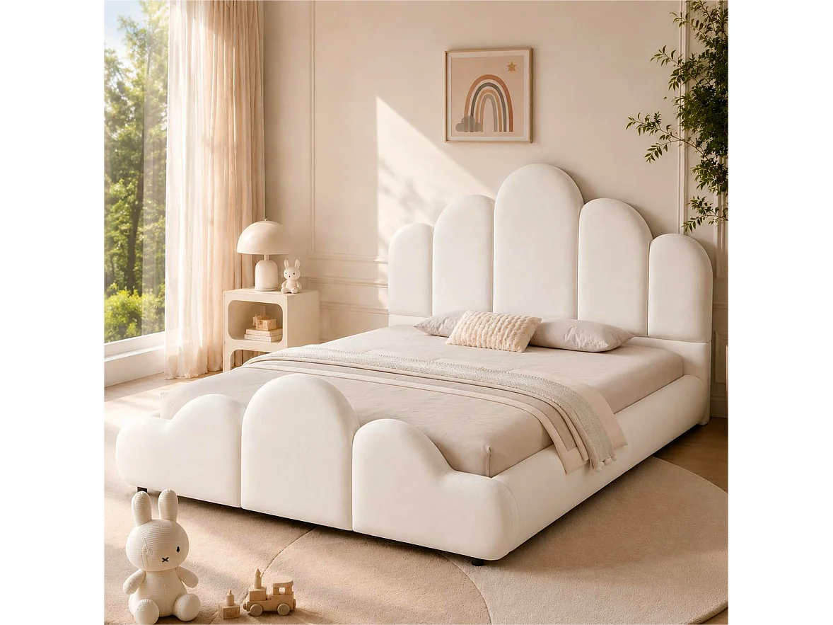 Upholstered children's bed 140 x 200 cm with padded cloud headboard and rounded corners - Velvet - Beige (Mattress not included)