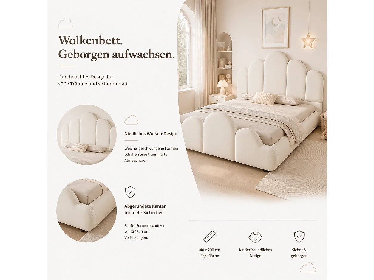 Upholstered children's bed 140 x 200 cm with padded cloud headboard and rounded corners - Velvet - Beige (Mattress not included)