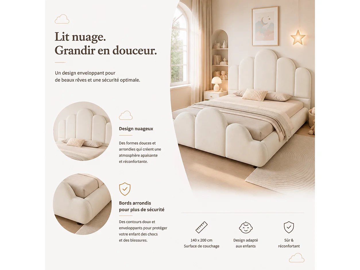 Upholstered children's bed 140 x 200 cm with padded cloud headboard and rounded corners - Velvet - Beige (Mattress not included)