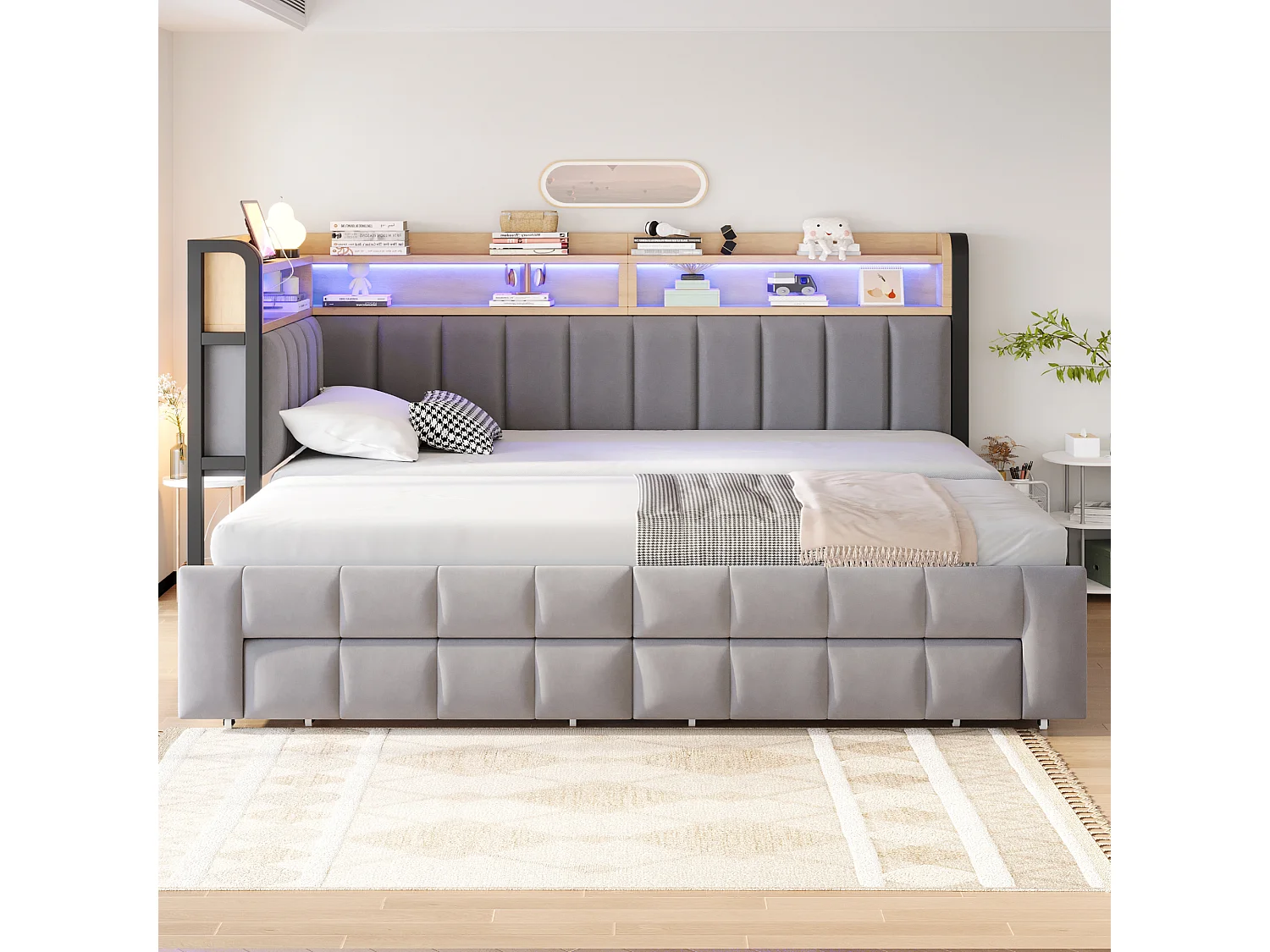 Trundle bed 90 x 200 cm extendable to 180 x 200 cm with 2 drawers, LED lighting, USB & Type-C ports - Velvet + metal + MDF - Light grey