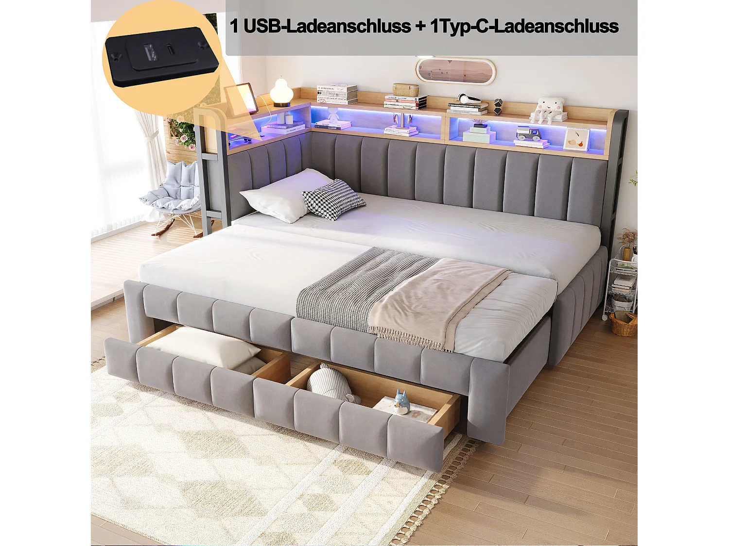 Trundle bed 90 x 200 cm extendable to 180 x 200 cm with 2 drawers, LED lighting, USB & Type-C ports - Velvet + metal + MDF - Light grey