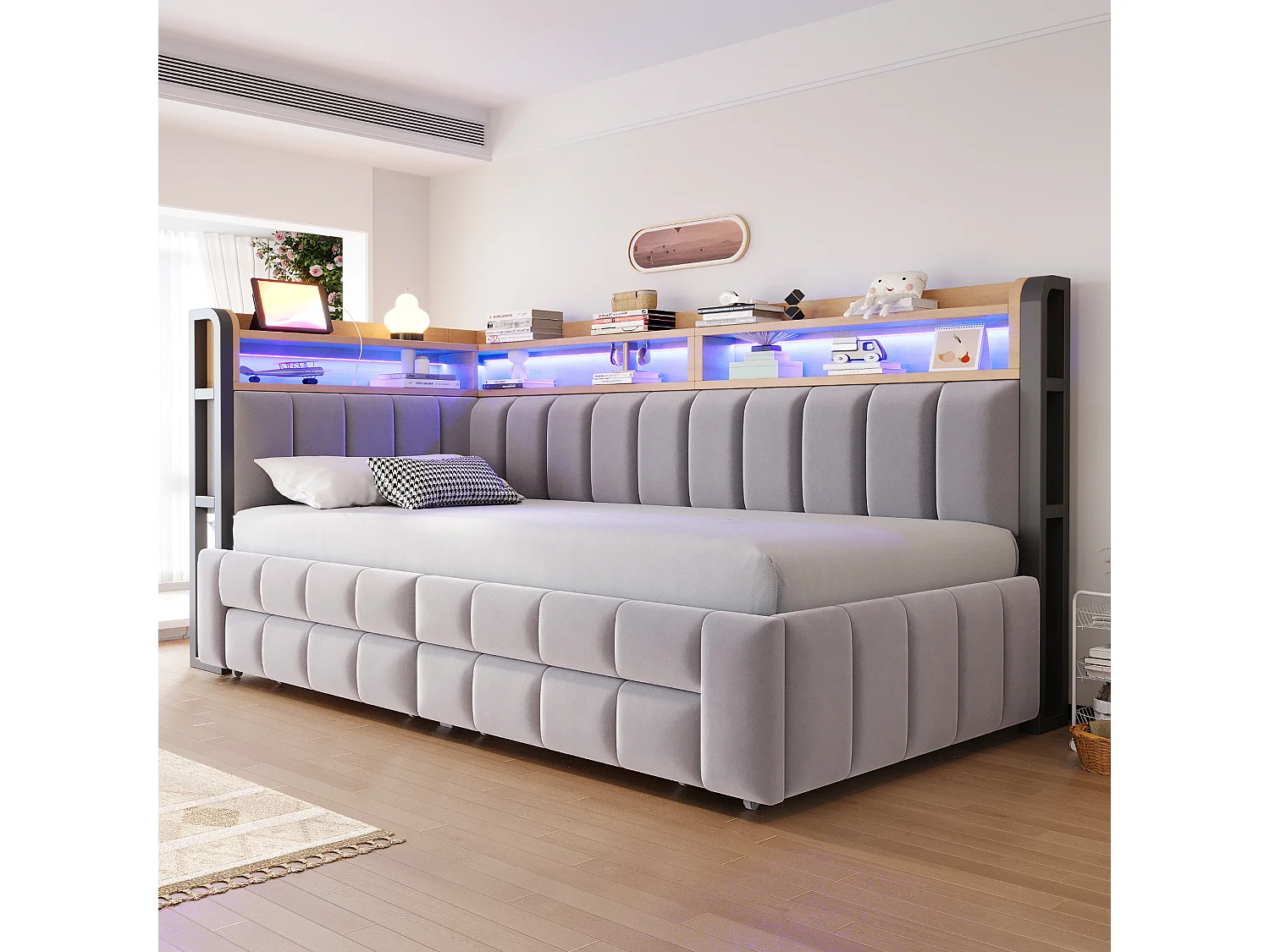 Trundle bed 90 x 200 cm extendable to 180 x 200 cm with 2 drawers, LED lighting, USB & Type-C ports - Velvet + metal + MDF - Light grey
