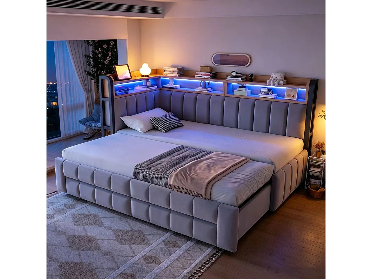 Trundle bed 90 x 200 cm extendable to 180 x 200 cm with 2 drawers, LED lighting, USB & Type-C ports - Velvet + metal + MDF - Light grey
