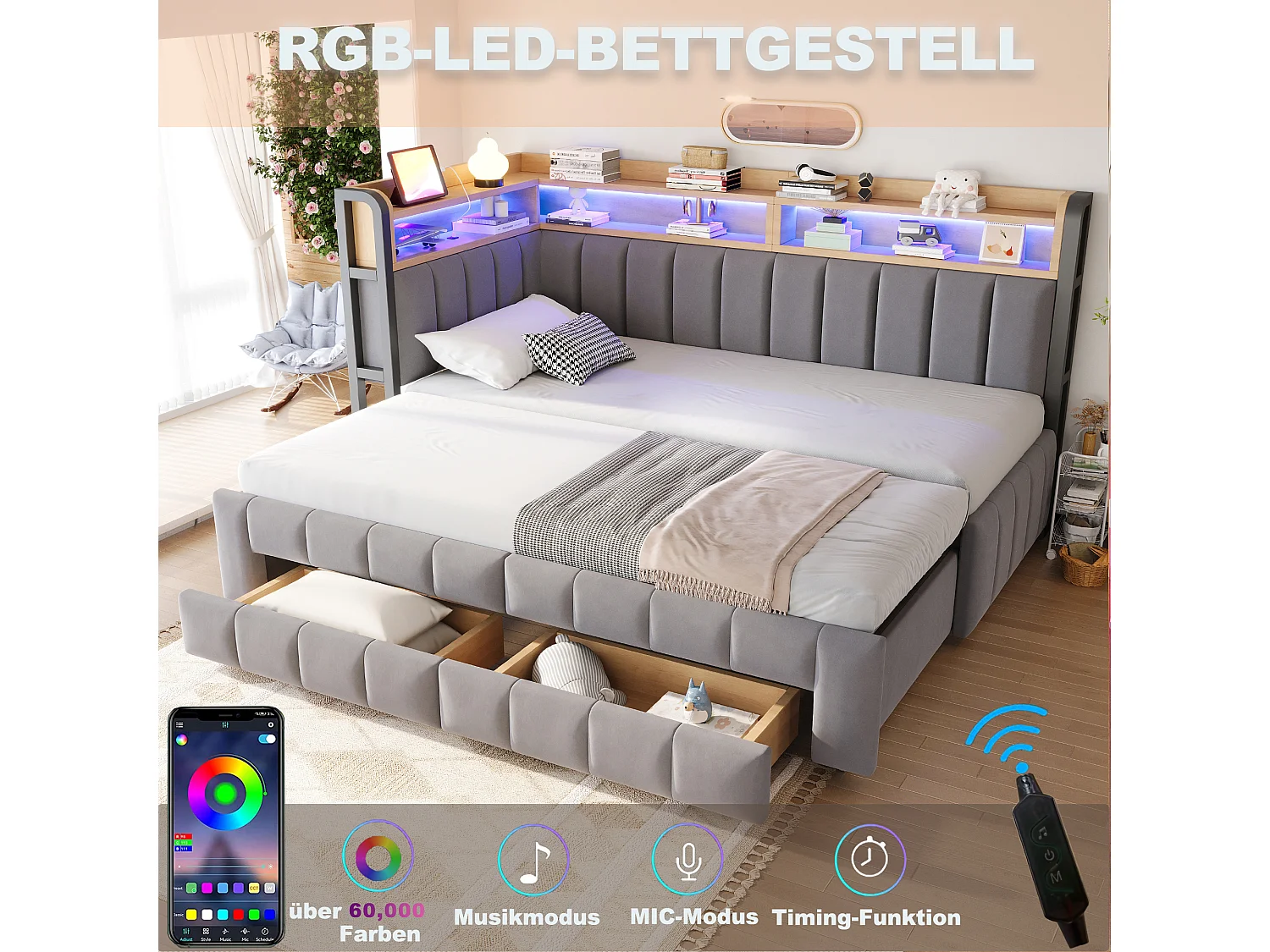 Trundle bed 90 x 200 cm extendable to 180 x 200 cm with 2 drawers, LED lighting, USB & Type-C ports - Velvet + metal + MDF - Light grey