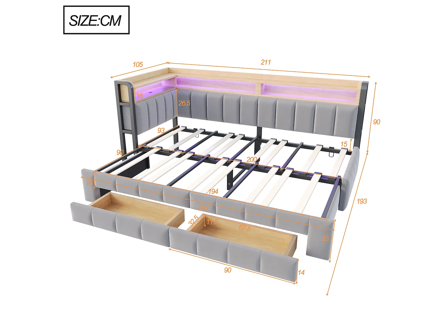 Trundle bed 90 x 200 cm extendable to 180 x 200 cm with 2 drawers, LED lighting, USB & Type-C ports - Velvet + metal + MDF - Light grey