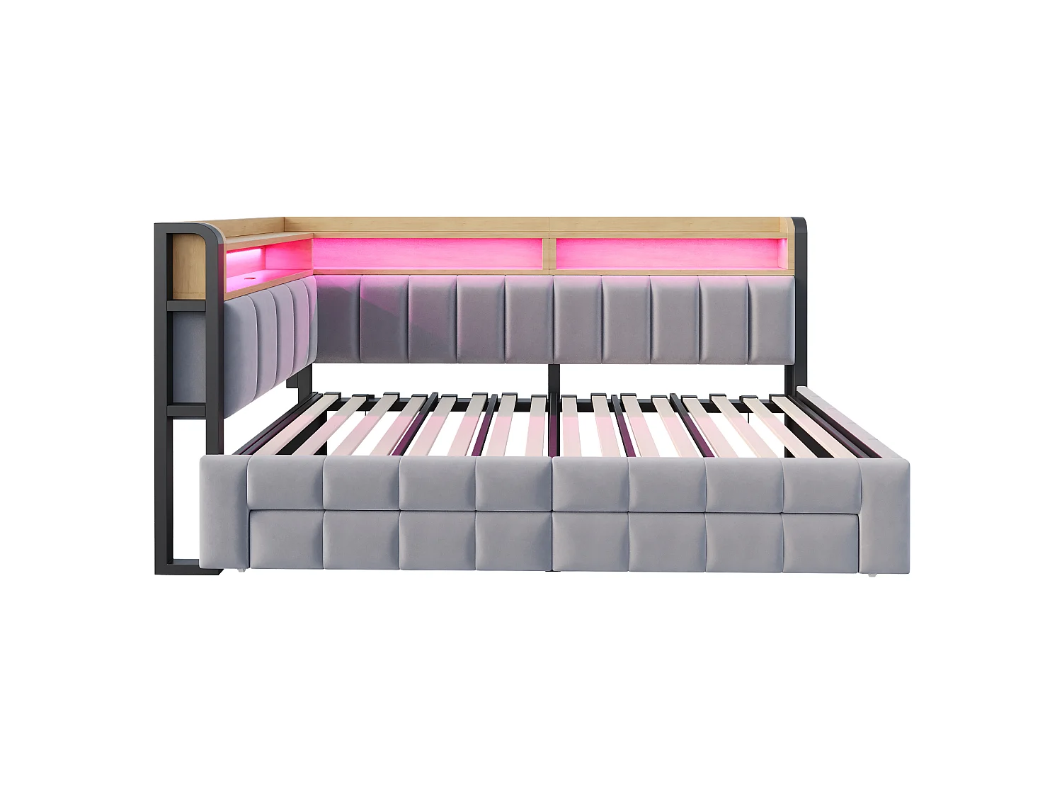 Trundle bed 90 x 200 cm extendable to 180 x 200 cm with 2 drawers, LED lighting, USB & Type-C ports - Velvet + metal + MDF - Light grey