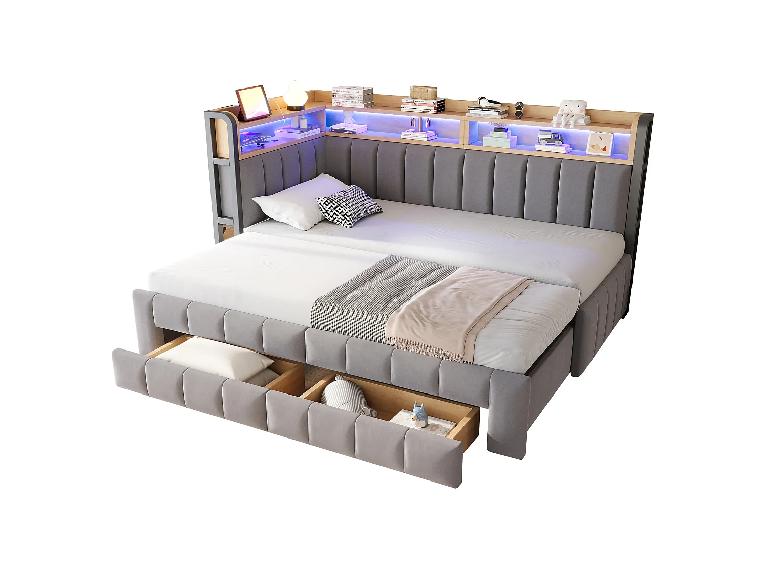 Trundle bed 90 x 200 cm extendable to 180 x 200 cm with 2 drawers, LED lighting, USB & Type-C ports - Velvet + metal + MDF - Light grey