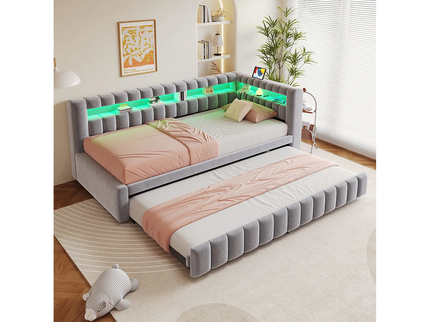 Upholstered pull-out bed 90 x 200 cm + 90 x 190 cm with compartments, LED and USB ports - Velvet + metal - Light grey (Mattress not included)
