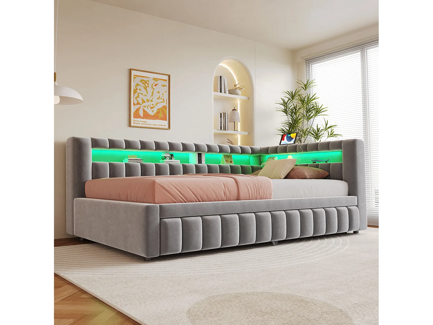 Upholstered pull-out bed 90 x 200 cm + 90 x 190 cm with compartments, LED and USB ports - Velvet + metal - Light grey (Mattress not included)