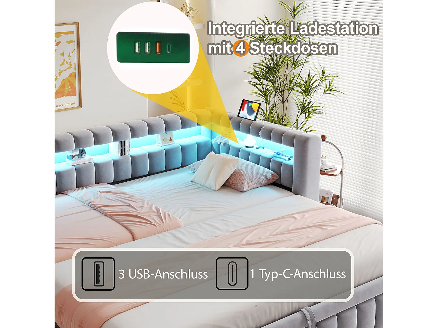 Upholstered pull-out bed 90 x 200 cm + 90 x 190 cm with compartments, LED and USB ports - Velvet + metal - Light grey (Mattress not included)
