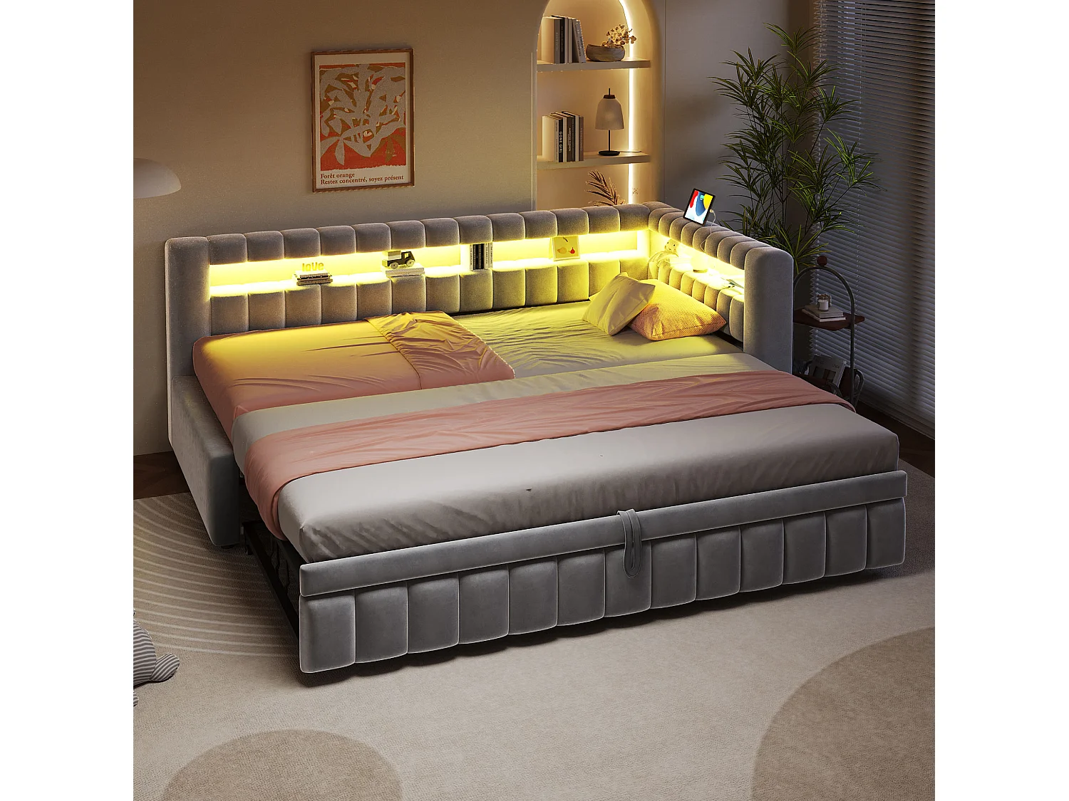 Upholstered pull-out bed 90 x 200 cm + 90 x 190 cm with compartments, LED and USB ports - Velvet + metal - Light grey (Mattress not included)