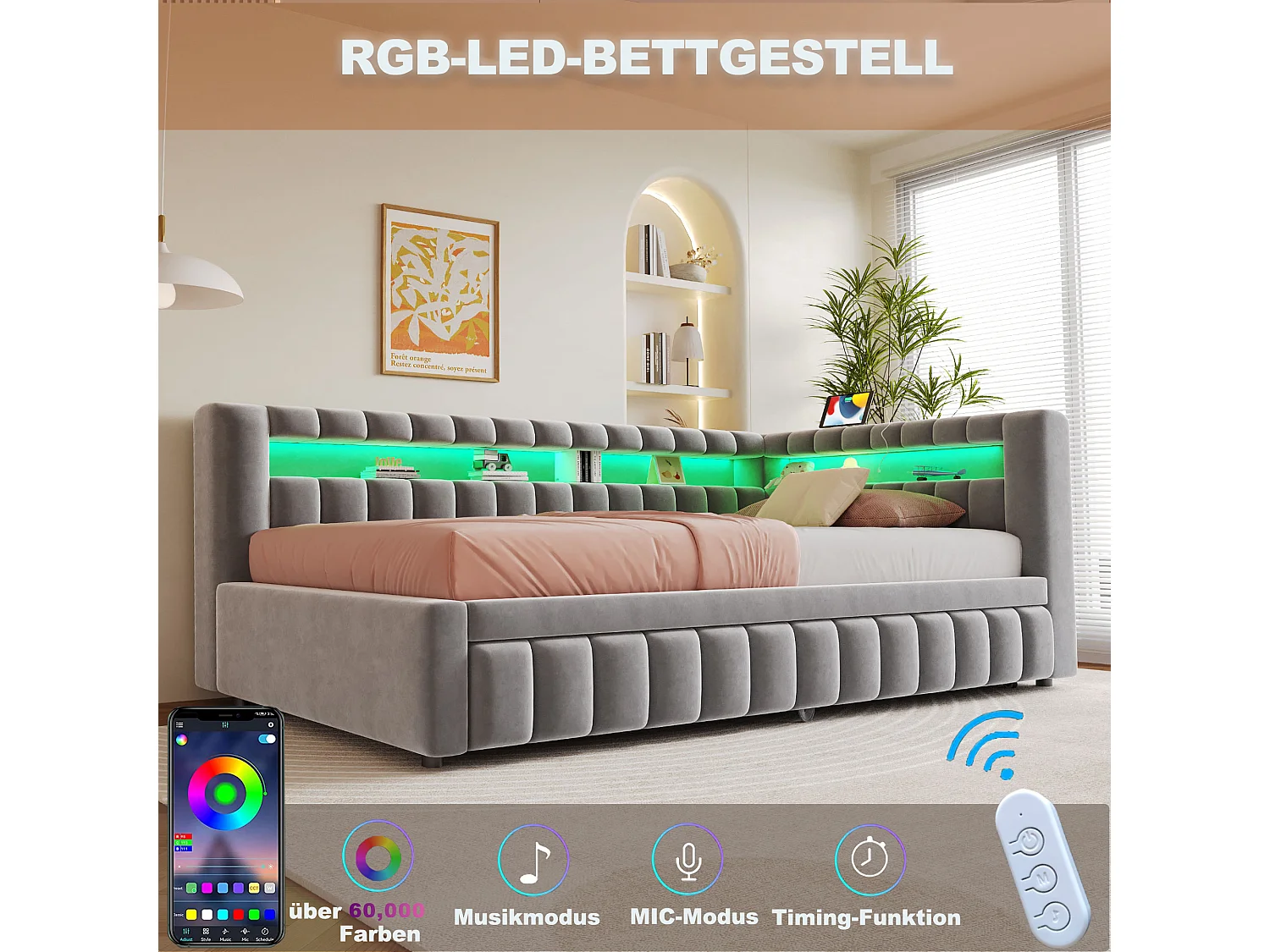 Upholstered pull-out bed 90 x 200 cm + 90 x 190 cm with compartments, LED and USB ports - Velvet + metal - Light grey (Mattress not included)