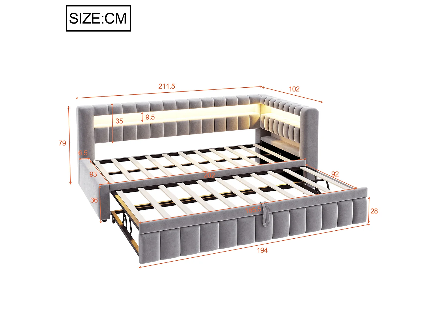 Upholstered pull-out bed 90 x 200 cm + 90 x 190 cm with compartments, LED and USB ports - Velvet + metal - Light grey (Mattress not included)