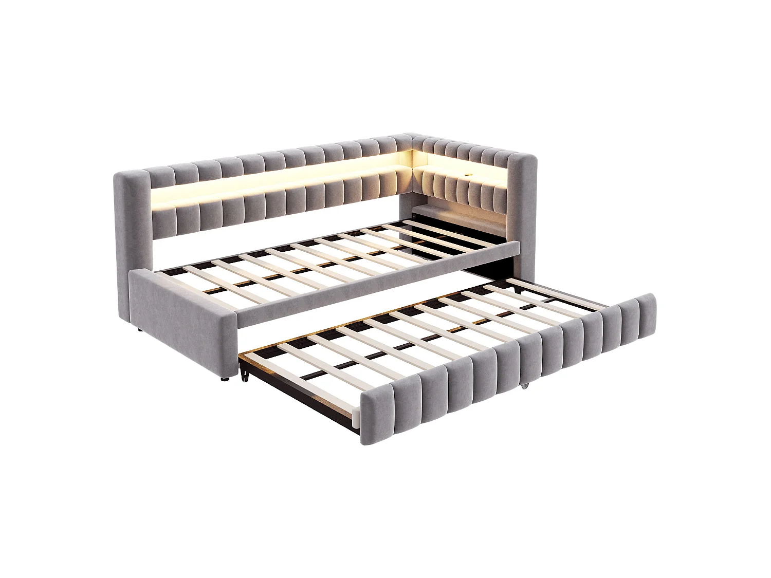 Upholstered pull-out bed 90 x 200 cm + 90 x 190 cm with compartments, LED and USB ports - Velvet + metal - Light grey (Mattress not included)