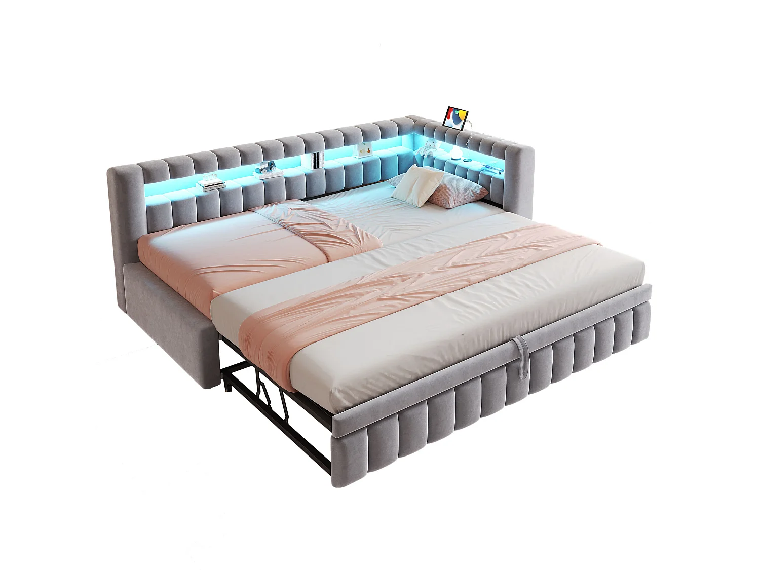 Upholstered pull-out bed 90 x 200 cm + 90 x 190 cm with compartments, LED and USB ports - Velvet + metal - Light grey (Mattress not included)