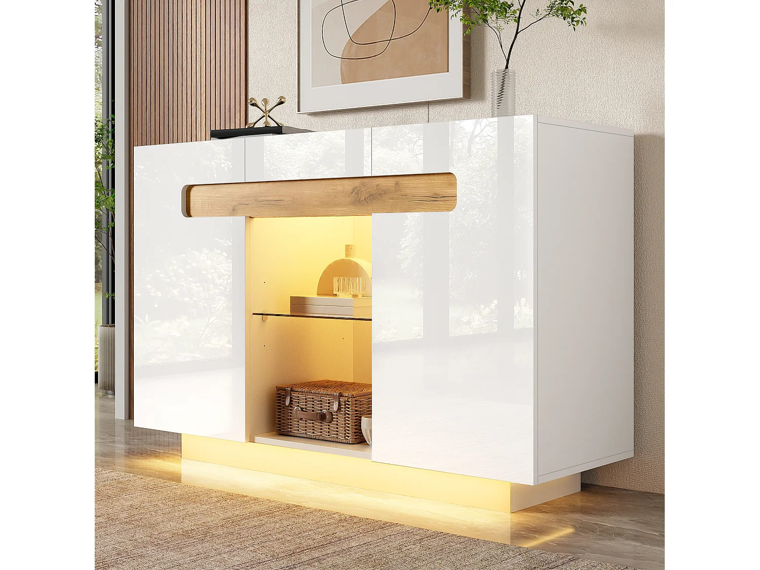 2-door sideboard with glass shelf and LED lighting – 120 x 40 x 80 cm – Particleboard – White and natural wood effect