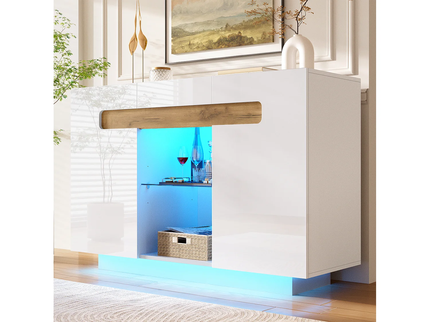 2-door sideboard with glass shelf and LED lighting – 120 x 40 x 80 cm – Particleboard – White and natural wood effect