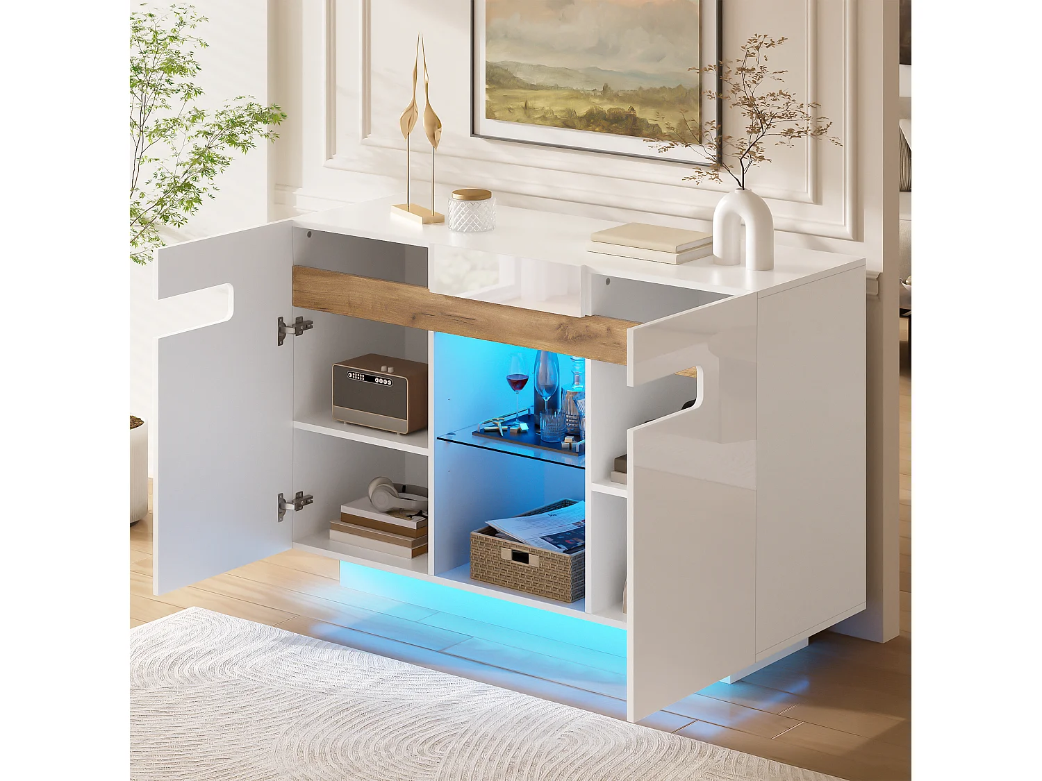 2-door sideboard with glass shelf and LED lighting – 120 x 40 x 80 cm – Particleboard – White and natural wood effect