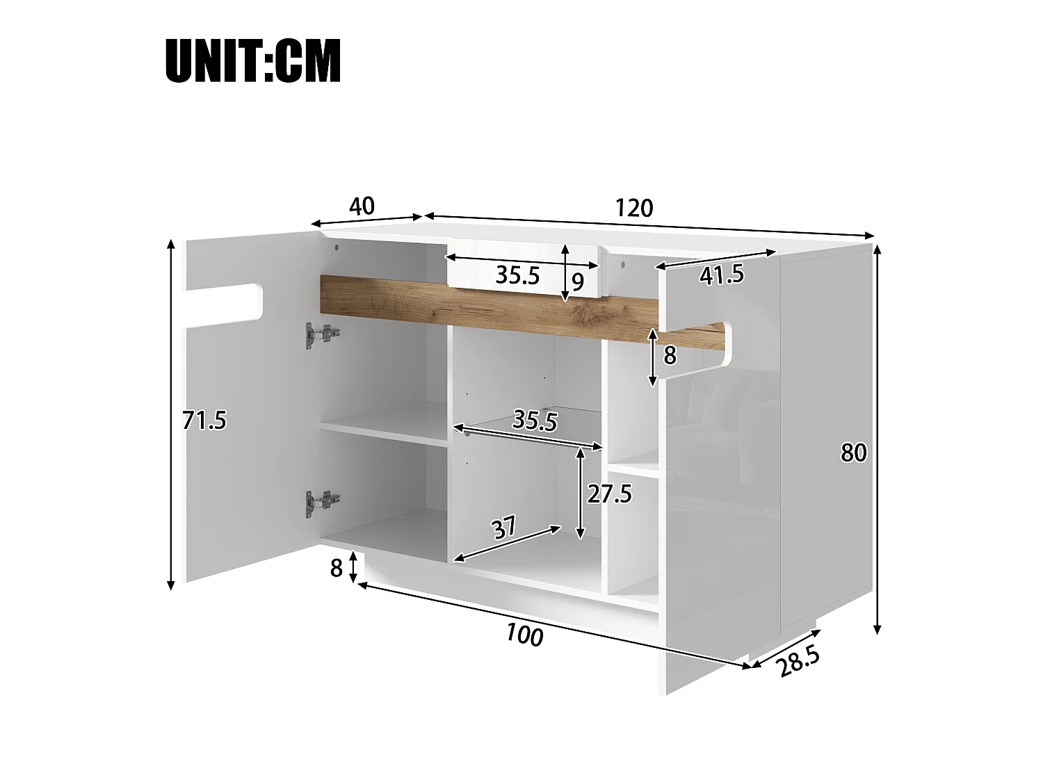 2-door sideboard with glass shelf and LED lighting – 120 x 40 x 80 cm – Particleboard – White and natural wood effect